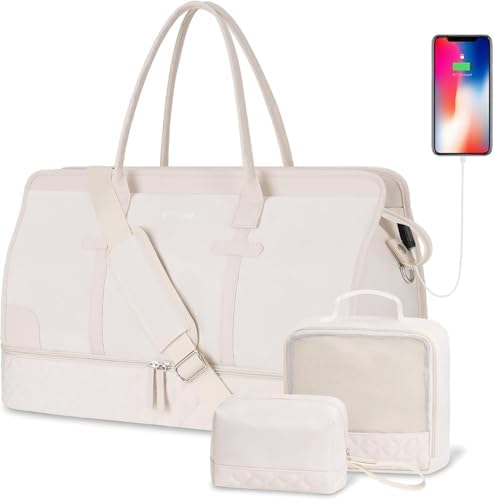 ETRONIK Weekender Overnight Bags for Women, Large Travel Duffle Bags with Shoe Compartment & Wet Pocket, Carry On Tote Bag Gym Duffel Bag with Toiletry Bags for Hospital 3 Pcs Set, Large Size, Beige