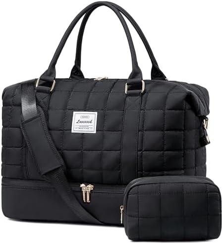 LOVEVOOK Large Duffle Bag for Travel, Puffer Weekend Bags for Women Travel Tote, Carry on Duffel Bag for Airplanes, 18 Inch Personal Item Bag Gym Bag Women, Black