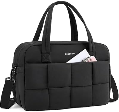 BAGSMART Gym Bag for Women, 29L Puffer Travel Duffle Bag for Travel with Laptop Compartment, Weekender Bags for Women, Carry On Duffel Bag Personal Item Bag, Black