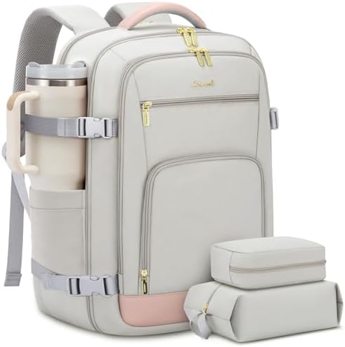 LOVEVOOK Travel Backpack For Women, 40L Carry On Backpack Flight Approved, TSA Personal Item Travel Bag Fits 17 Inch Laptop, Business Weekender Overnight Waterproof Daypack With 2 Cubes, Grey-Pink