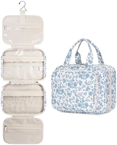 Narwey Hanging Floral Toiletry Bag for Women Travel Makeup Bag Organizer Toiletries Bag for Travel Size Essentials Accessories Cosmetics (Little Blue Flower (Medium))